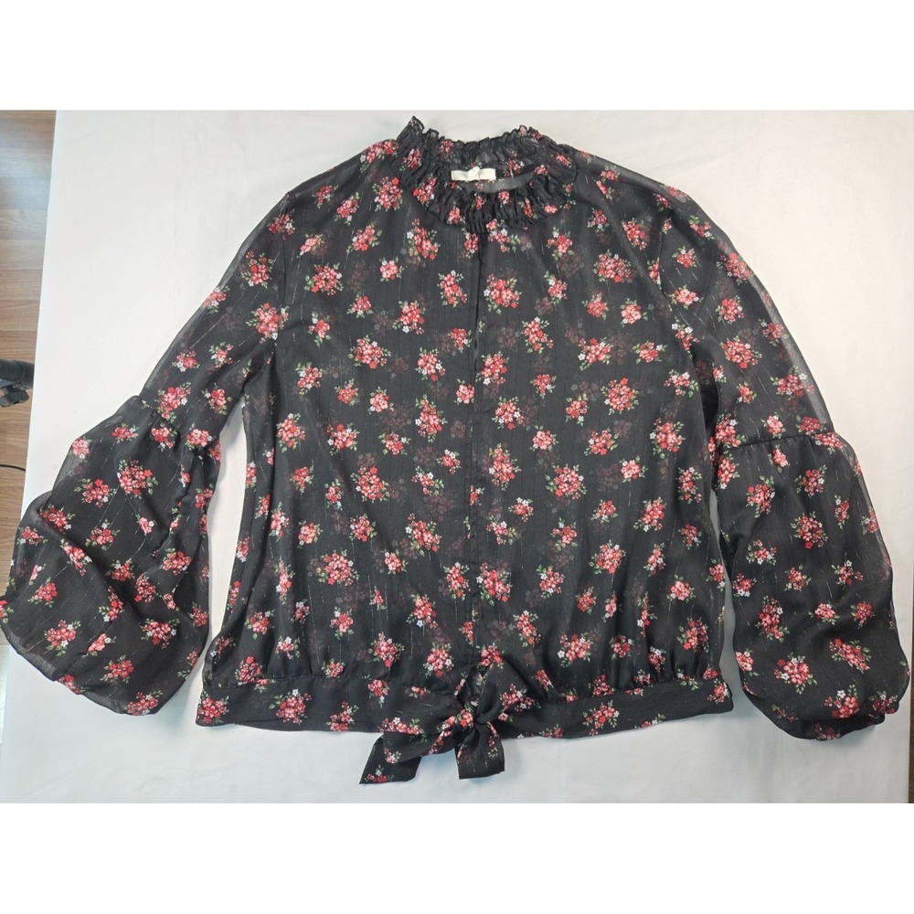 Black Floral Sheer Blouse Sz‎ L Mock Neck Bishop Sleeve Whimsigoth Romantic Goth